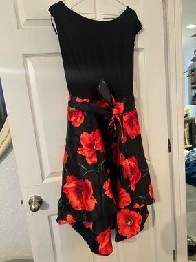Enfocus Studio Black Asymmetrical Dress with Red Floral Skirt